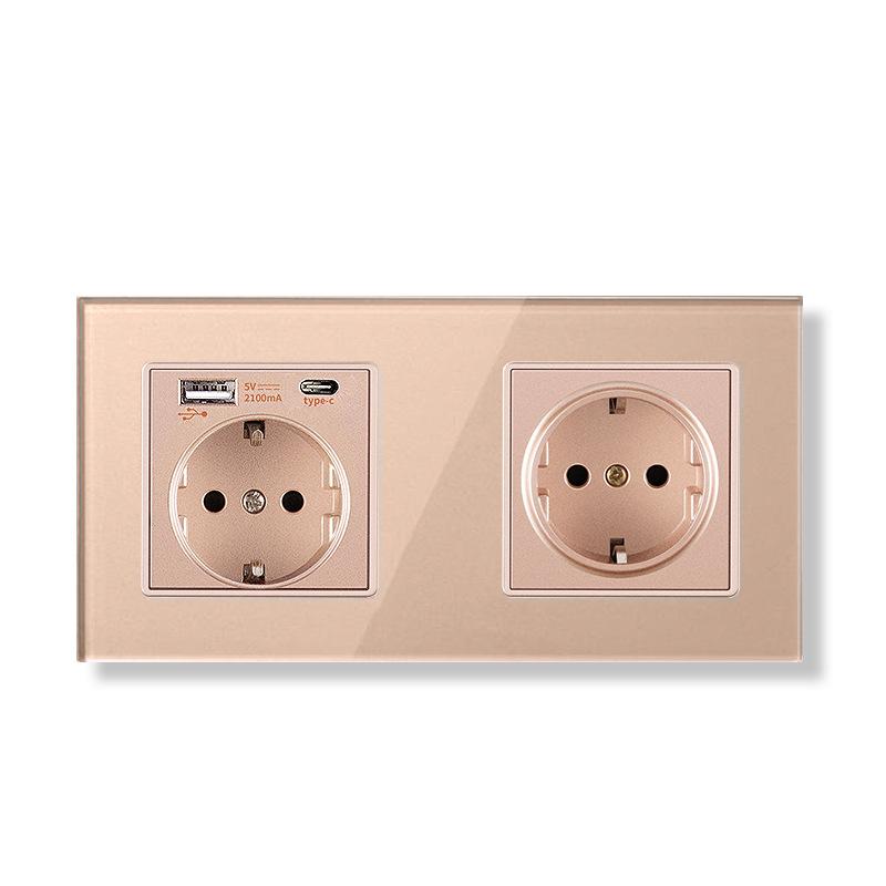 Bseed Europe Russia 16A Wall Power Socket White Black Grey Gold Crystal Glass Panel Plug Electrical Outlet for Home Improvemet