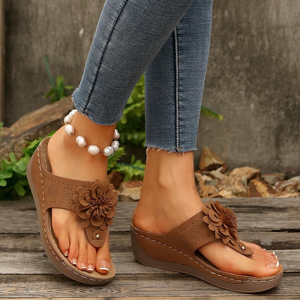 Large size slippers popular new wedge sandals flower one-character cool slippers