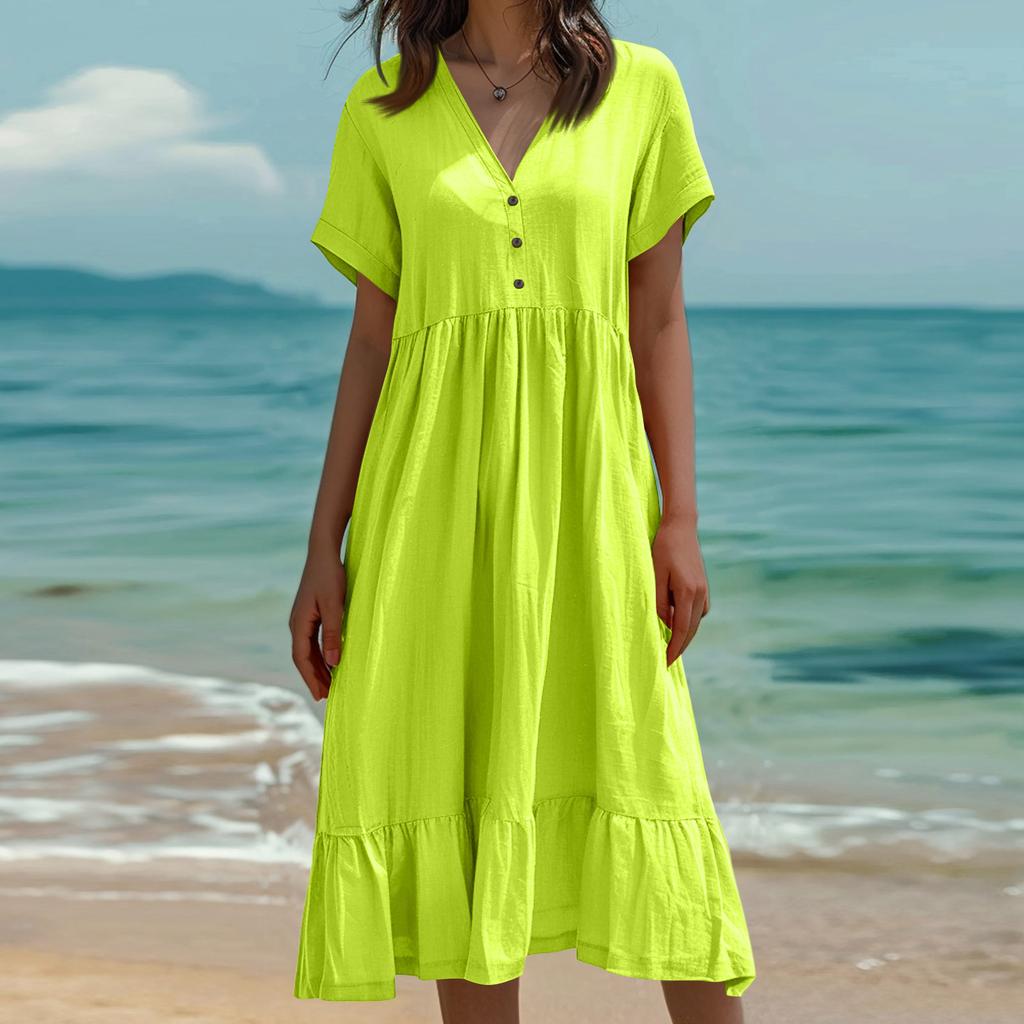 Omens Mode Farbe Kurzarm Baumwolle Leinen Patchwork Faltenkleid