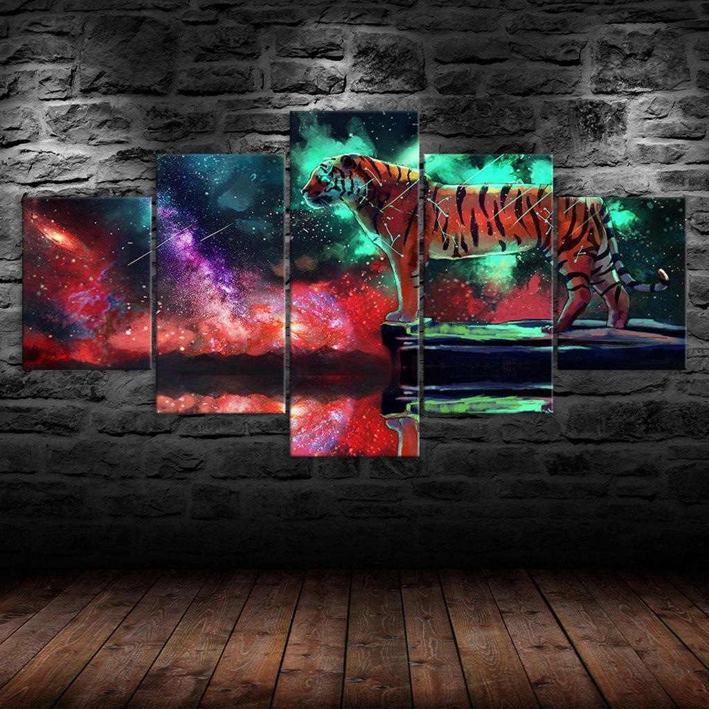 Tiger Orion Constellation Cosmic Scenery 5 Piece Five Panel Wall Canvas Print Modern Poster Picture Home Decor Gift For Him For Her