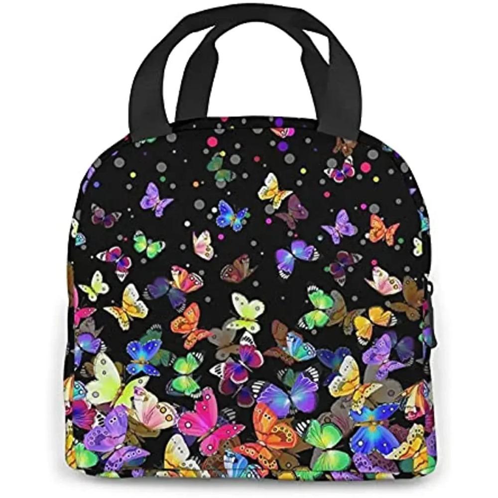 Pink Colorful Butterfly Insulated Lunch Bag Portable Lunch Bags for Girls Women Reusable Leakproof Lunch Box Picnic Travel Work