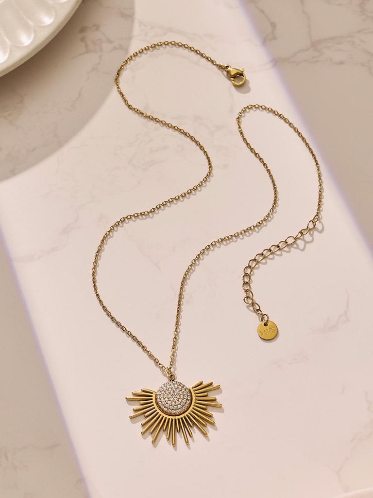 5A Zircon Sun Pendant Necklace, 18k Gold-Plated Stainless Steel