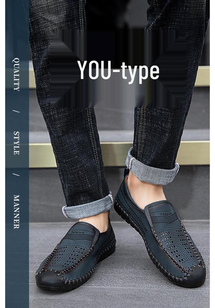 Herren Loafer aus Leder, zum Hineinschlüpfen, Größe L: Sommer atmungsaktive Hohl Design Fahrerschuhe
