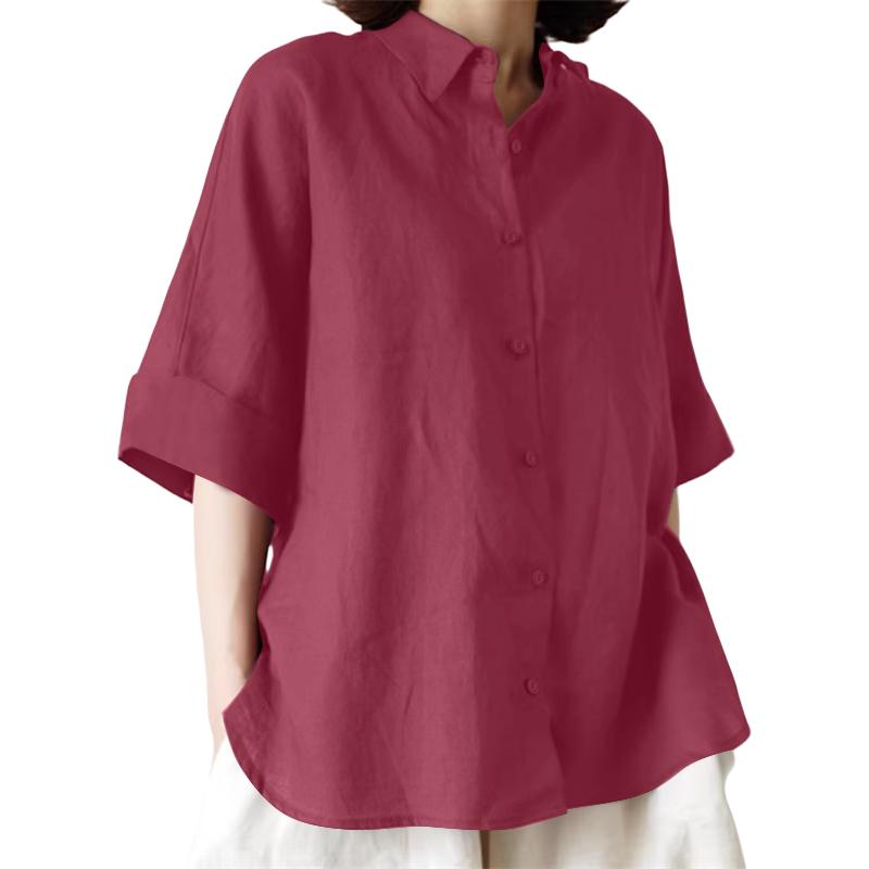 

ZANZEA Женская повседневная хлопковая блузка свободного кроя с рукавами 3/4 и отложным воротником S