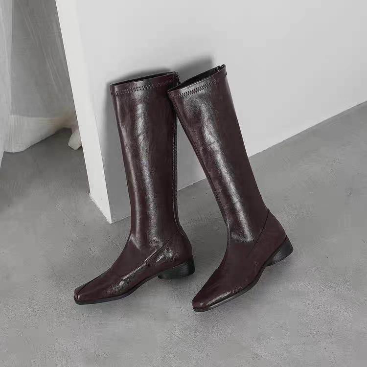 Sheepskin version fashionable retro square head leather boots new versatile and thin knight boots temperament women's boots