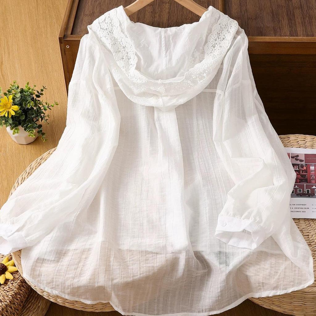Autumn Women's White Lace Hooded Cardigan - Elegant, Lightweight, and Loose-Fit Sun Protection Top