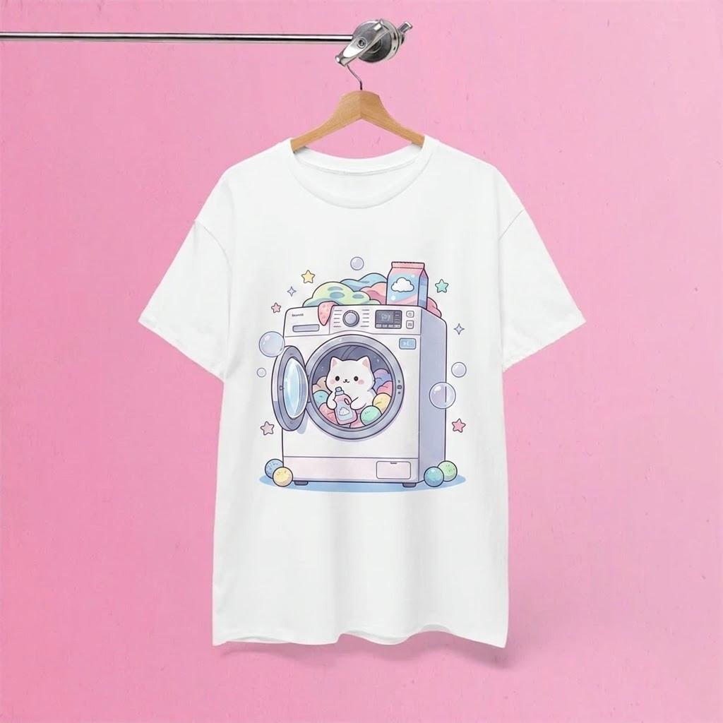 Kawaii Cat Washing Machine Funny Japanese Goth White TShirt Gift For Fans