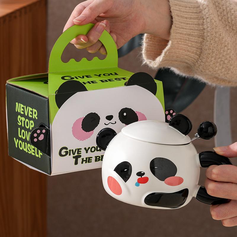 

Творческая и милая керамическая чашка в виде панды для дома, офиса, пары, стакан для воды с подарками, высокая ценность Cup + lid + spoon [400ml]