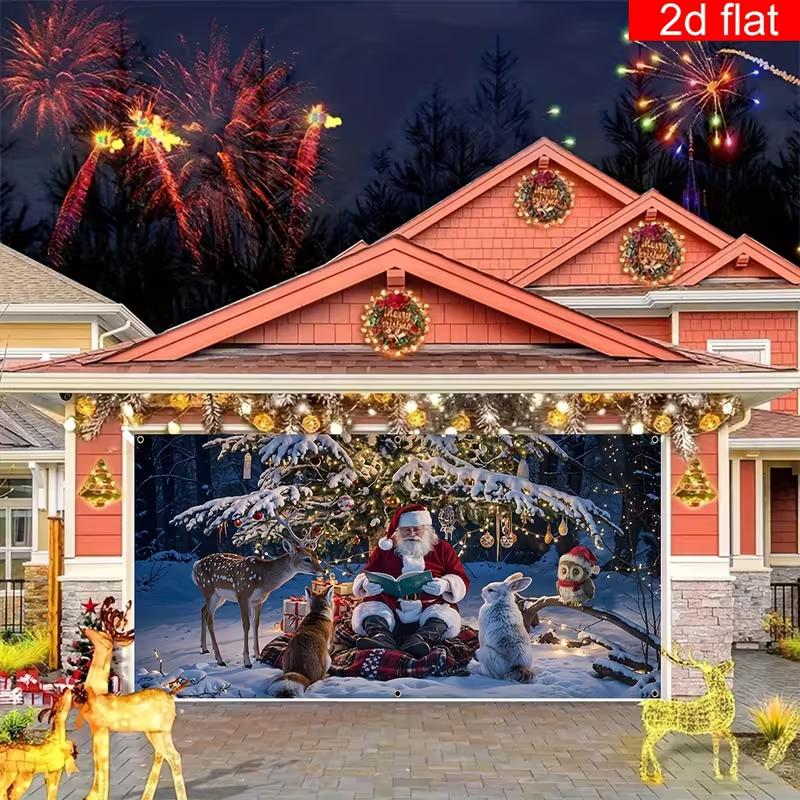 2D Flat Christmas Garage Door Cloth, Santa Reading To Cute Animals In Snowy Forest Scene Backdrop
