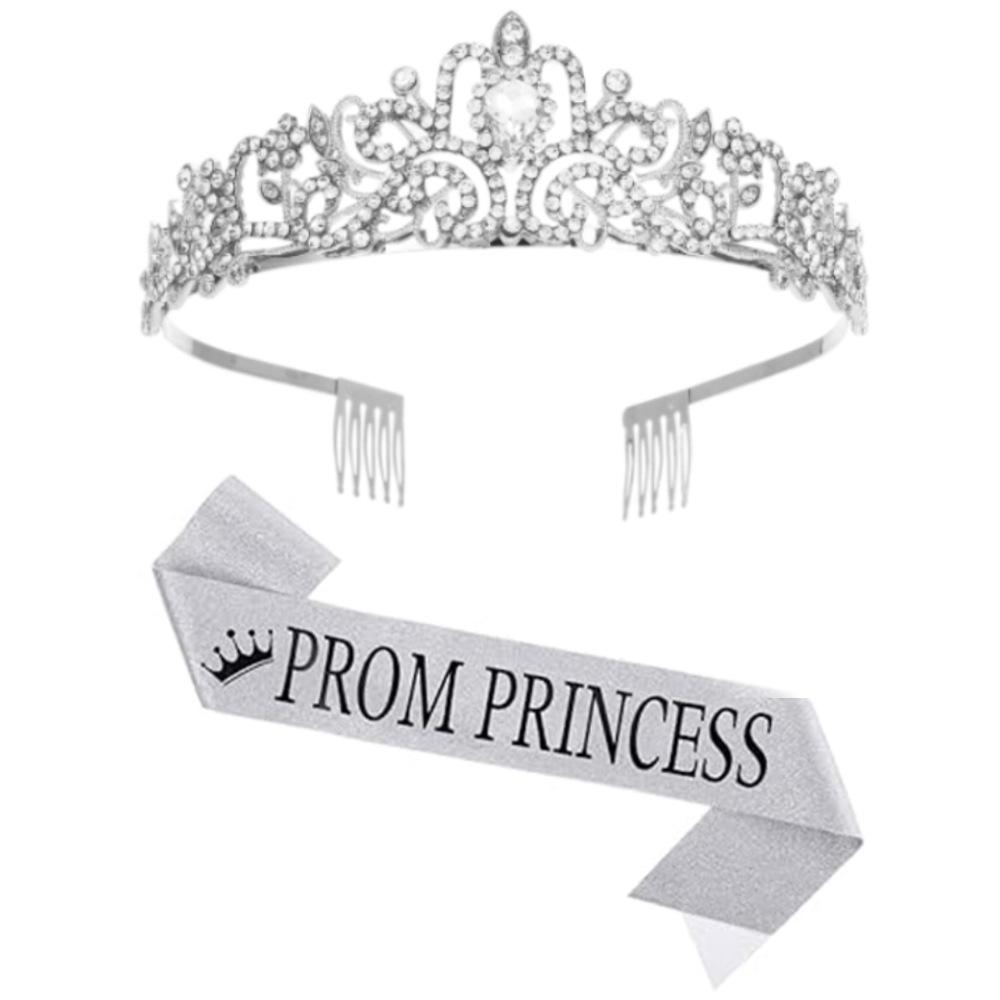 Round Crystal Crown Prom Prince Tiara Ribbon King Queen Ribbon Crown Party Decoration
