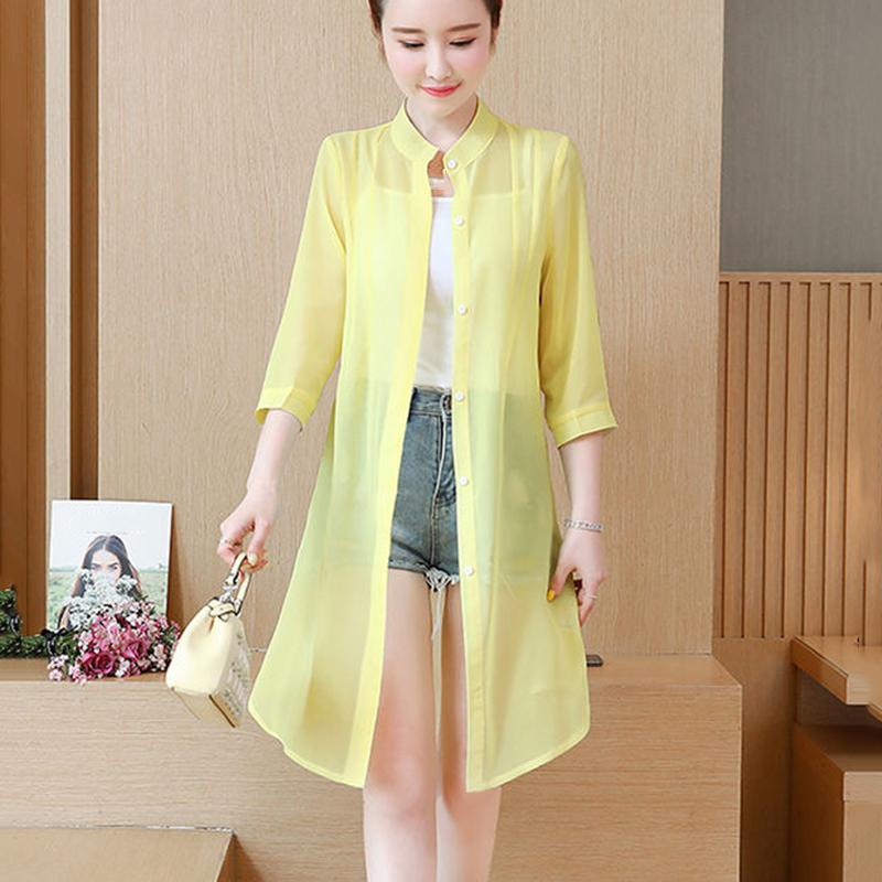 Sun Protection Clothing Women's Mid-length Beach Summer Chiffon Cardigan Shawl Air-conditioning Shirt Thin Coat