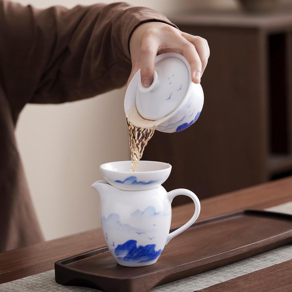 Elegant Gongfu Tea Set: Hand-Painted Ceramic Gaiwan Teapot & Teacups in Gift Box