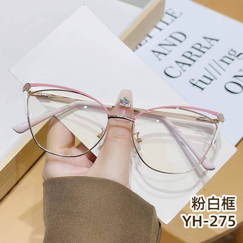 New cat eye glasses fashionable hollow high-value metal women's anti-blue flat mirror holder ultra-light