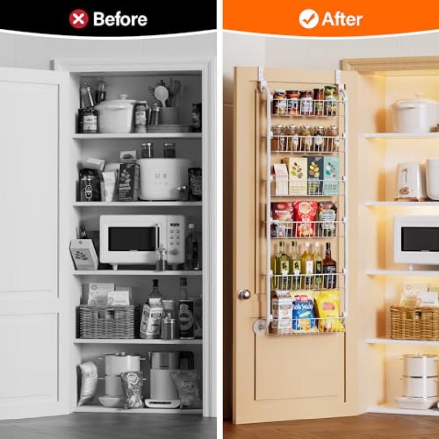 Over the Door Pantry Organizer 6-Tier Metal Cabinet Door Organizer Hanging Spice Rack Shelves for Kitchen Storage White D5 X W1