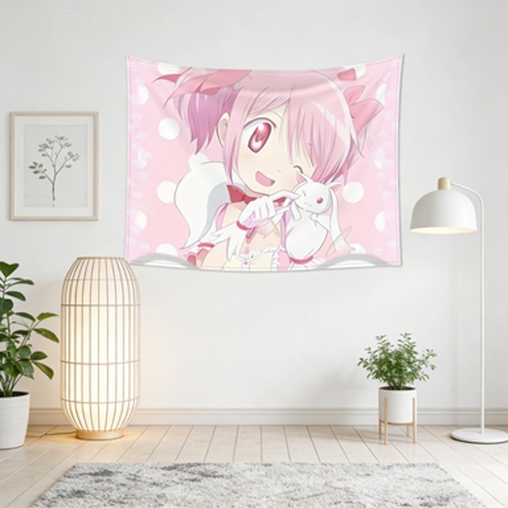 Anime Wall Tapestry Madoka Magica Madoka Kaname Kyubey Pink White Polka Dots Bedroom Living Room Decor