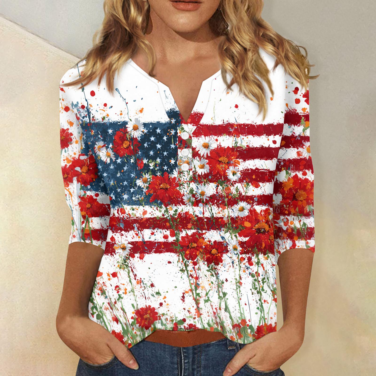 

Women’s Half Sleeve V Neck Blouse with Flag and Floral Print Loose Fit Lightweight Casual Top for Daily Wear S білий