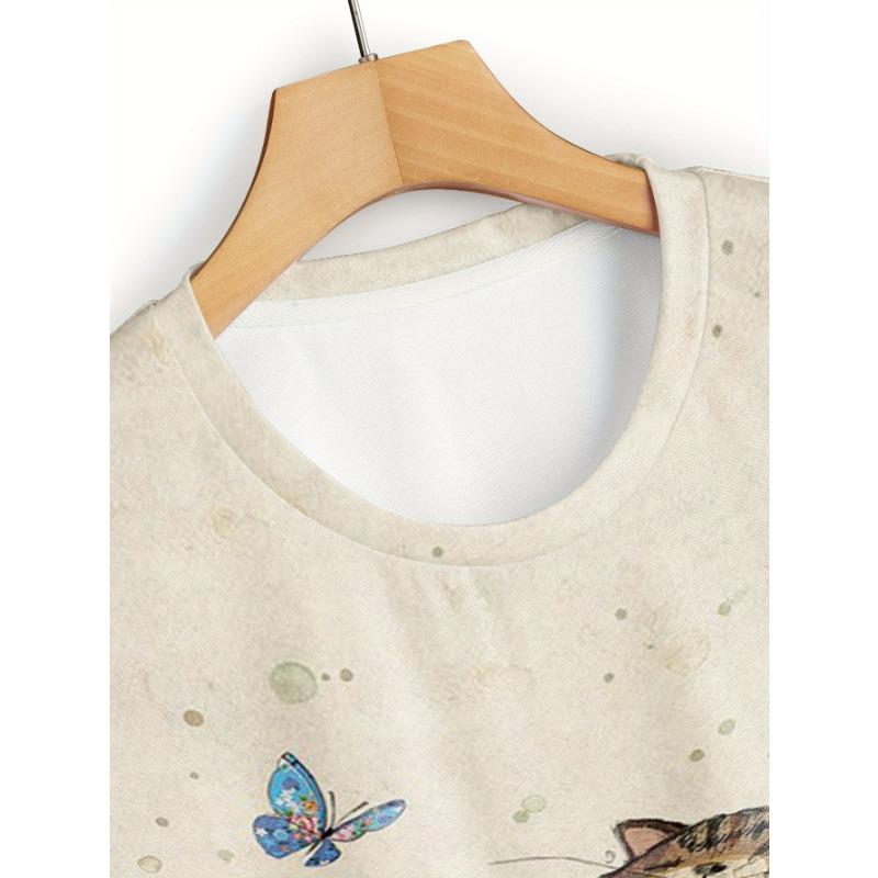 Women's Tee - Tabby Cat in Flower Meadow Graphic, Whimsical Garden Print Design for Casual Daily Wear