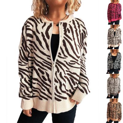 Women's Casual Fashionable Color Block Print Crw Neck Knit Cardigan Sweater