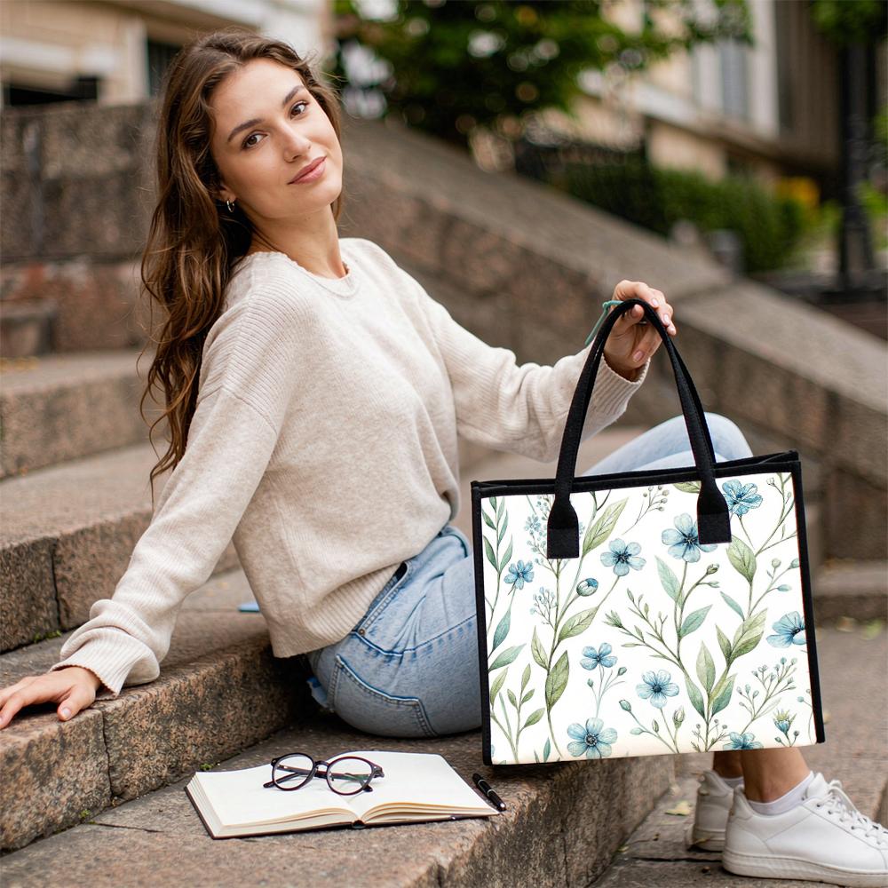 Elegant Blue Floral Tote Bag for Women Daily Commute Shopping Portable Lightweight Shoulder Handbag Stylish Casual Purse for Outdoor Travel Work