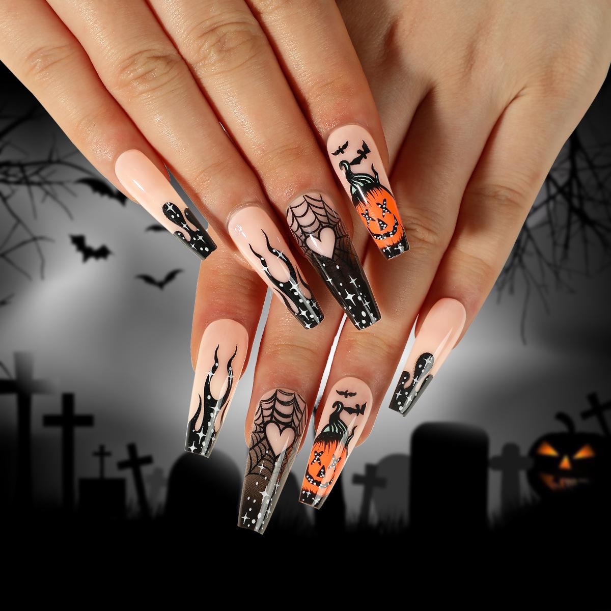 Halloween Press-On Nails: Black French Flame Design with Heart, Spider Web, Pumpkin, and Bat Art Glue Kit
