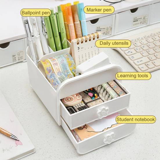 2-Drawer Desktop Organizer Student Stationery Organizer Space-Saving Storage Box with Open Compartments for Office School Desk Storage