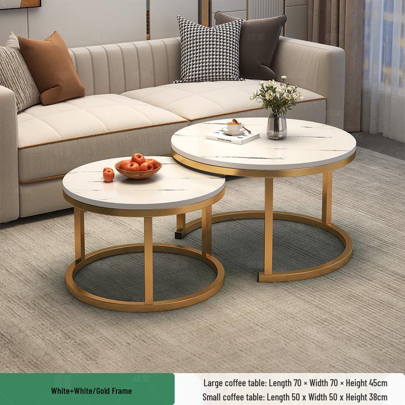 Modern Minimalist Round Coffee Table Set with Stone Pattern and Iron Art Storage