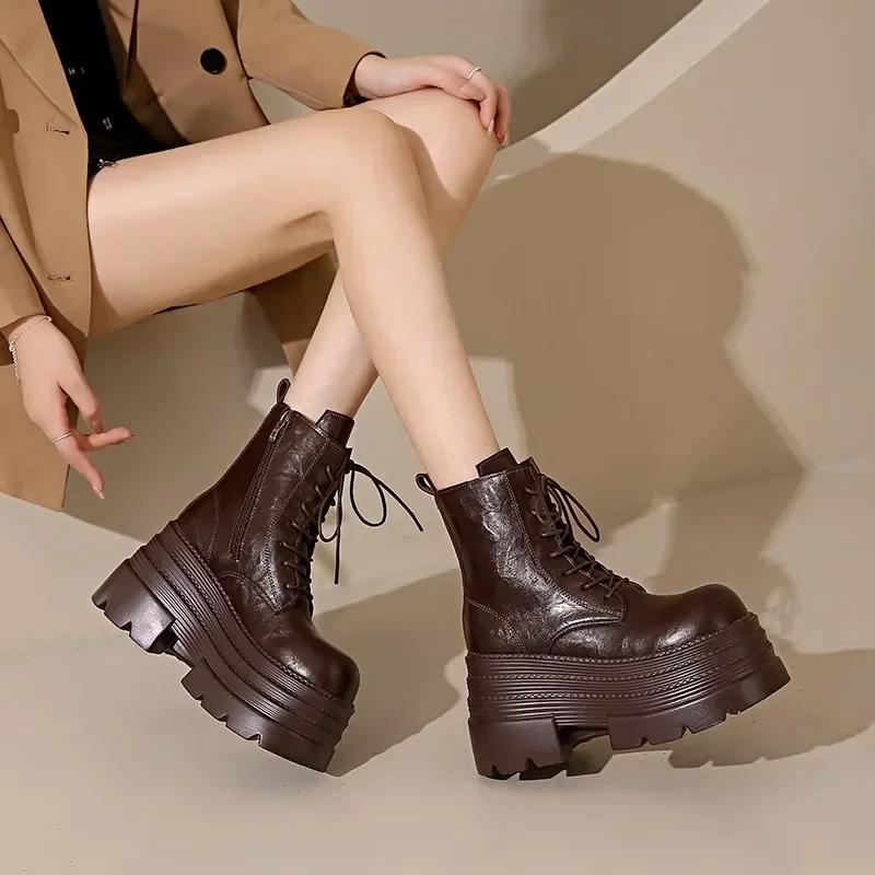 Women Boots New Winter Motorcycle Boots 10.5cm Wedge Heels High Platform Leather Chunky Shoes Woman Autumn Thick Sole Punk Boots