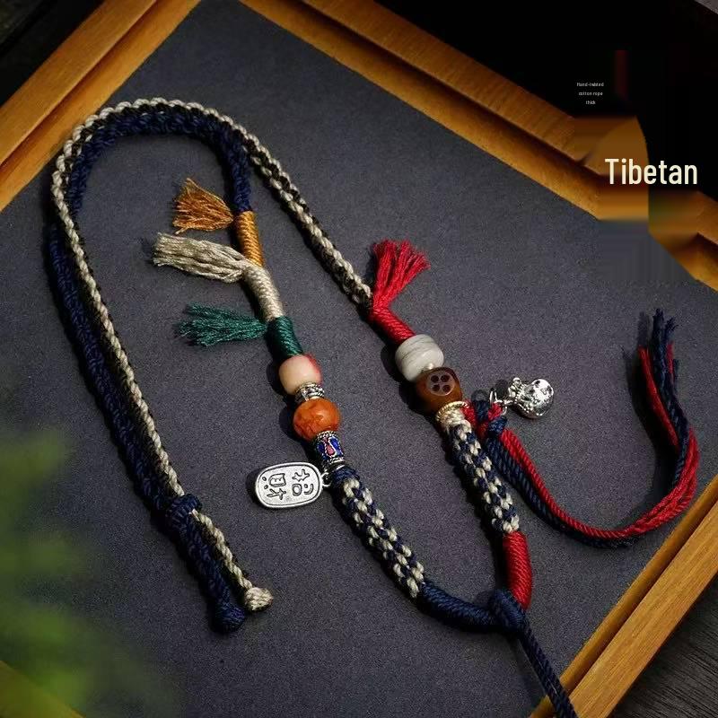 Luxury Tibetan Handmade Dzi Bead Pendant Necklace with Adjustable Cotton Rope