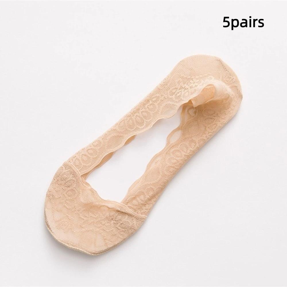 5 Pairs Summer Comfortable Lace Women's Socks Low Cut Ultra-thin Invisible Boat Socks Silicone Non-Slip Cotton Bottom Thin Socks