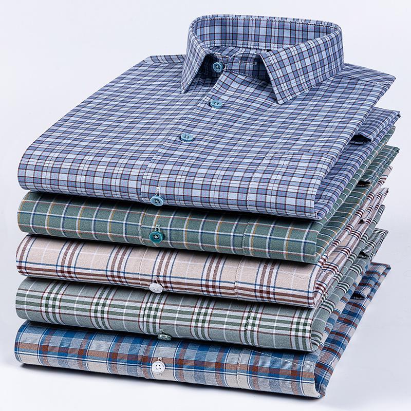 Plus Size Cotton Long-sleeve Shirts for Men Slim Fit Formal Plain Shirt Soft Plaid Striped Tops Office Elegants Clothes