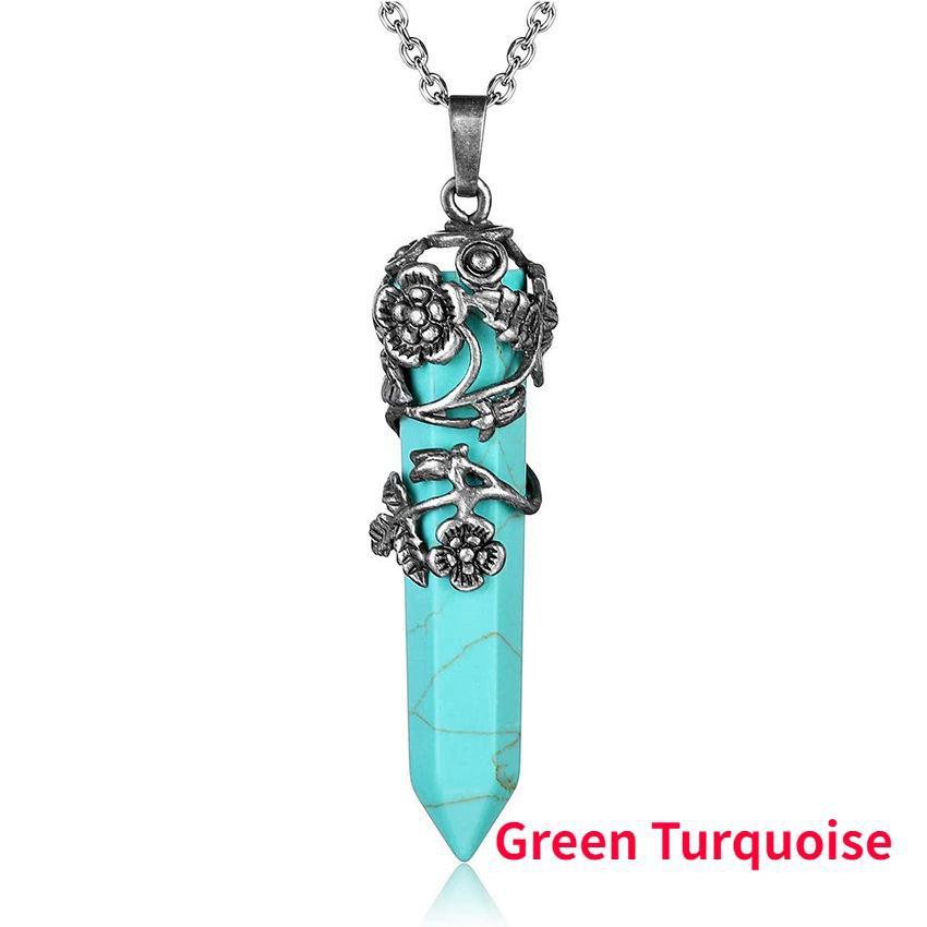 1pc Natural Stone Hexagonal Column Vintage Alloy Rose Pendant Pink Crystal Necklace Pendant
