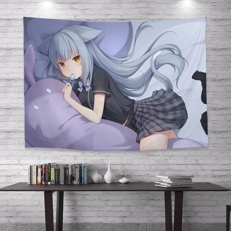 Kawaii Nekomimi Girl Tapestry Soft Blue Bed Print Polyester Wall Hanging Cute Anime Themed Home Decor for Bedroom  Dorm