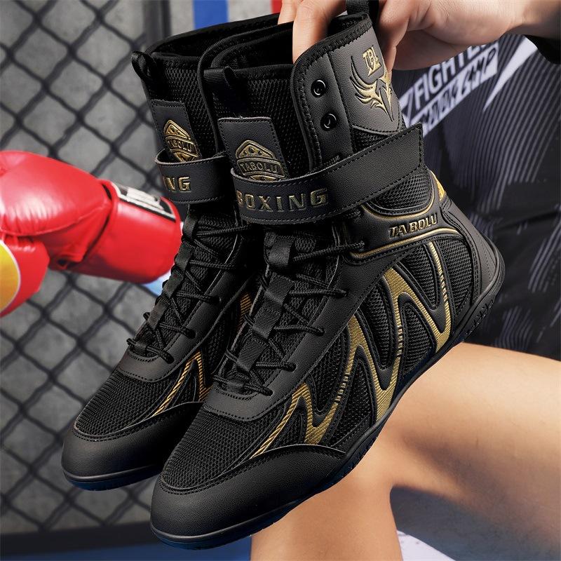 Black Wrestling Shoes Fighting Shoes Boxing Shoes Men's and Women's Comprehensive Competition Training Shoes Fighting Shoes Sanda Shoes High Top