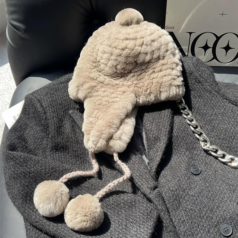 

Rex Rabbit Hair Ear Protection Hat Female Cute Ball Winter Warm Encryption Woven Fur Hat Versatile Lei Feng Hat One size elastic