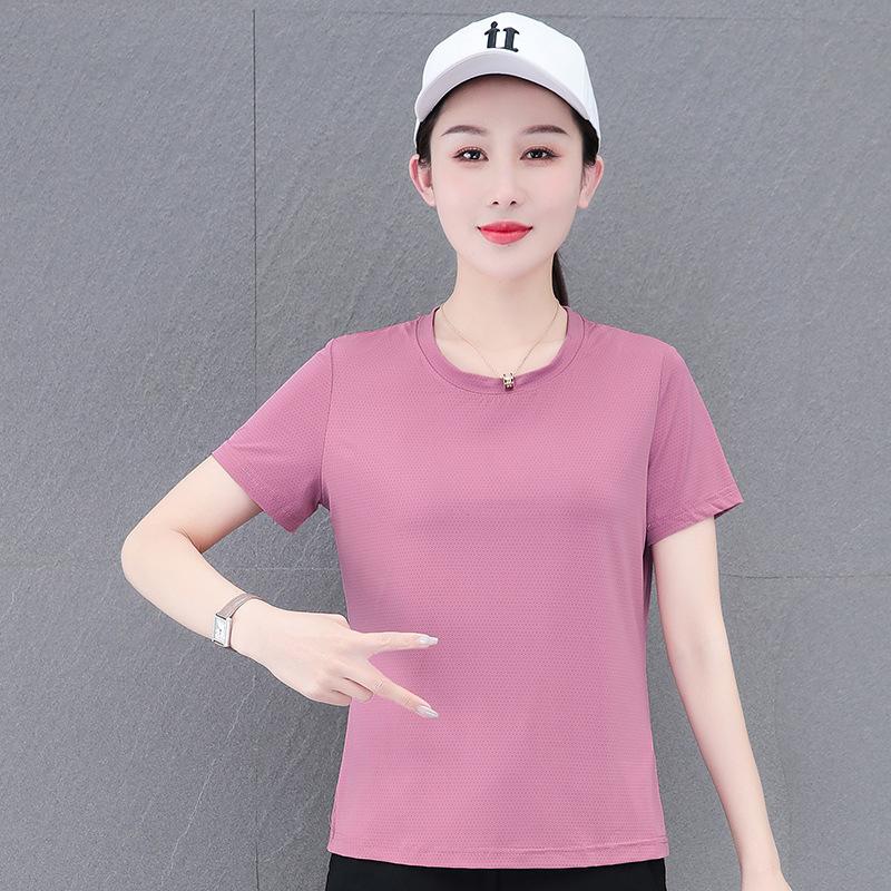 Tricou de vară cu mânecă scurtă pentru femei, mătase de gheață cu uscare rapidă, de exterior, respirabil, casual, sport, larg, subțire, cu mânecă pe jumătate