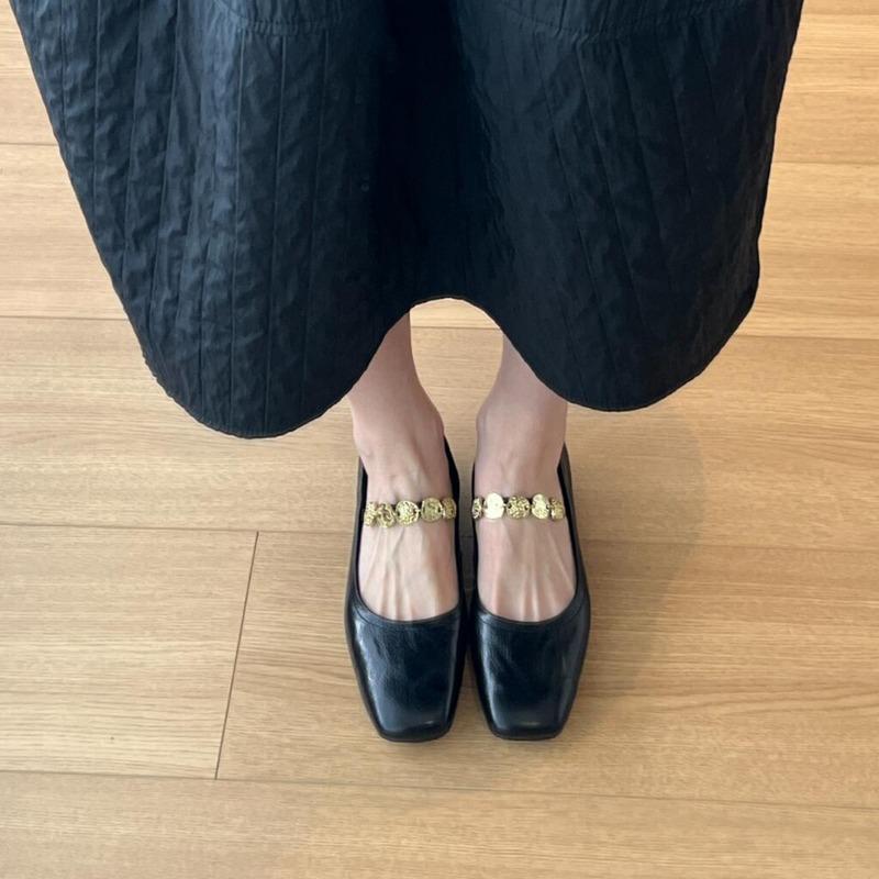 Sheepskin Version~ Retro Gold Coin Black Small Leather Shoes with Light Mouth Square Head Low Heel Mary Jane Single Shoes Women