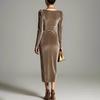 Damen Samt Abendkleid mit langen Ärmeln, Schal-Ausschnitt, Raffung, Schlitz, Bodycon-Kleid, Midi-Kleid für Hochzeitsgäste