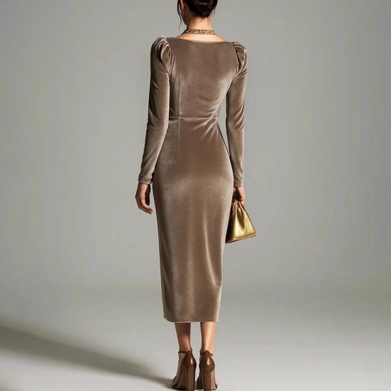 Damen Samt Abendkleid mit langen Ärmeln, Schal-Ausschnitt, Raffung, Schlitz, Bodycon-Kleid, Midi-Kleid für Hochzeitsgäste