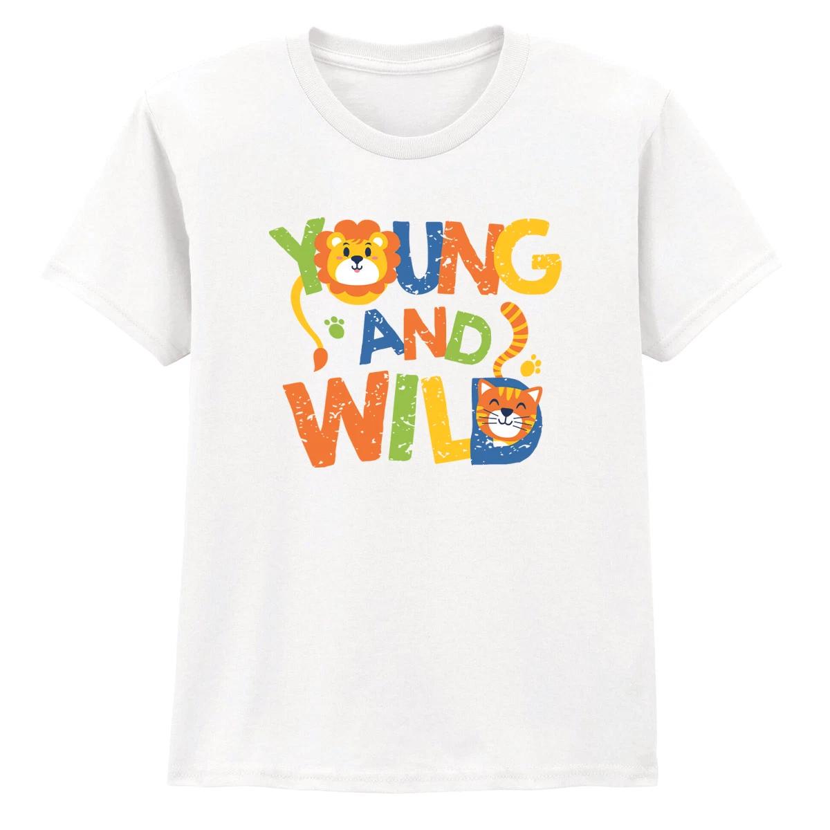 Young And Wild Safari Animals Kids T-Shirt Boys Girls Animal Theme Tee 130