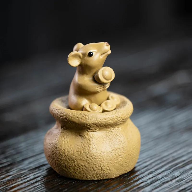 Handmade Yixing Purple Clay Tea Pet Decor Office Desktop Lucky Mouse Ornaments Home Tea Figurine Sculpture Decoration Crafts