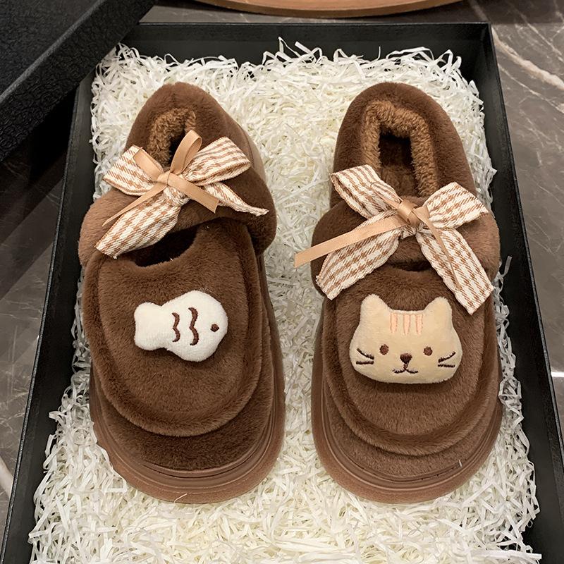 

Милые хлопковые тапочки женские бант кошка новые осень и зима новые для улицы плюшевые теплые плюшевые тапочки 41 темно-коричневого