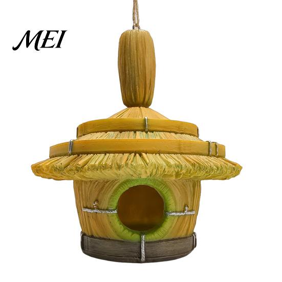 Bird Watching Gift for Lovers Thatched Hut House, Decorative Resin Weatherproof Sun Resistant Nesting Box Hanging Shelter Outdoor Garden Backyard