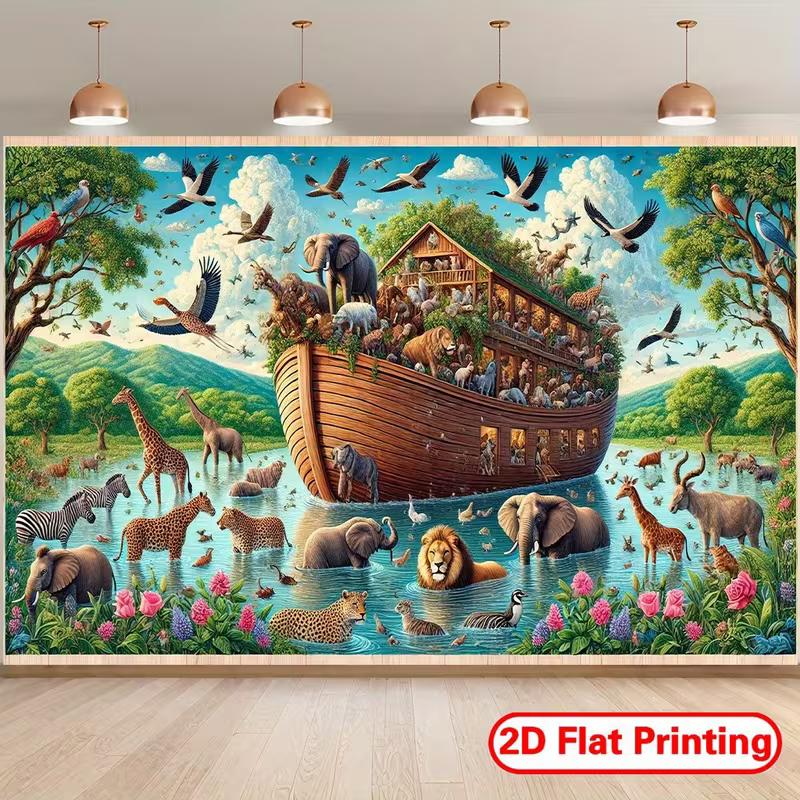 

2D Biblical Noah s Ark Backdrop, Animals Gathering on the Ark for Church Events 47.2x31.5inch/120*80cm