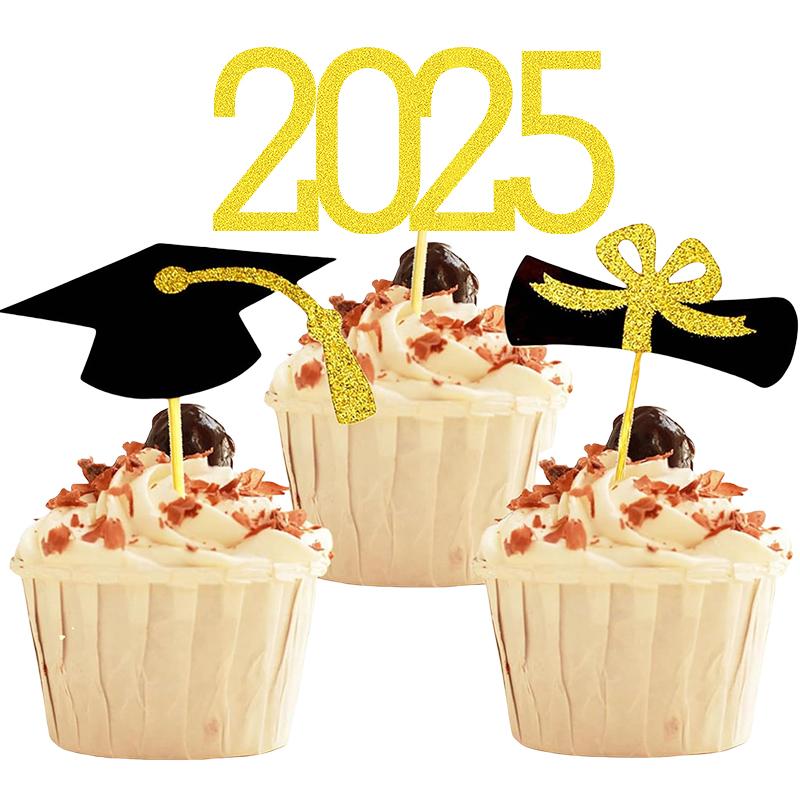 2025 Graduation Cupcake Toppers, 24Pcs Food/Appetizer Picks For Graduation Party Mini Cake Decorations, Diploma, 2025, Grad Cap