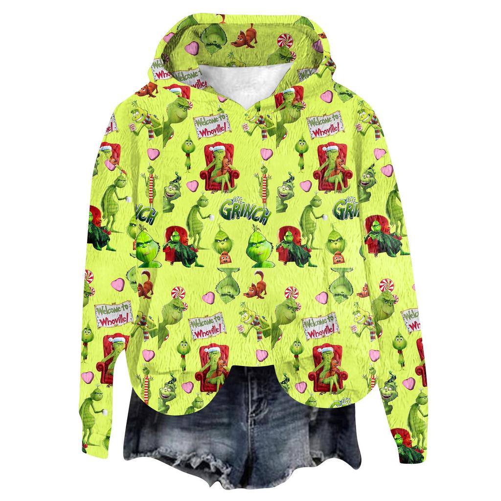 Women's Hooded Long Sleeve Christmas Printed Flannel Top Hooded Sweatshirt