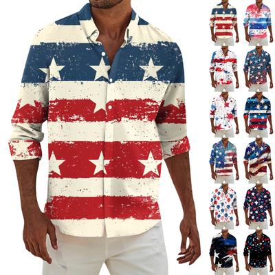 Men's Fashion Long Sleeve Independence Day Printed Casual T Shirt Button Regular Fit Shirt Top