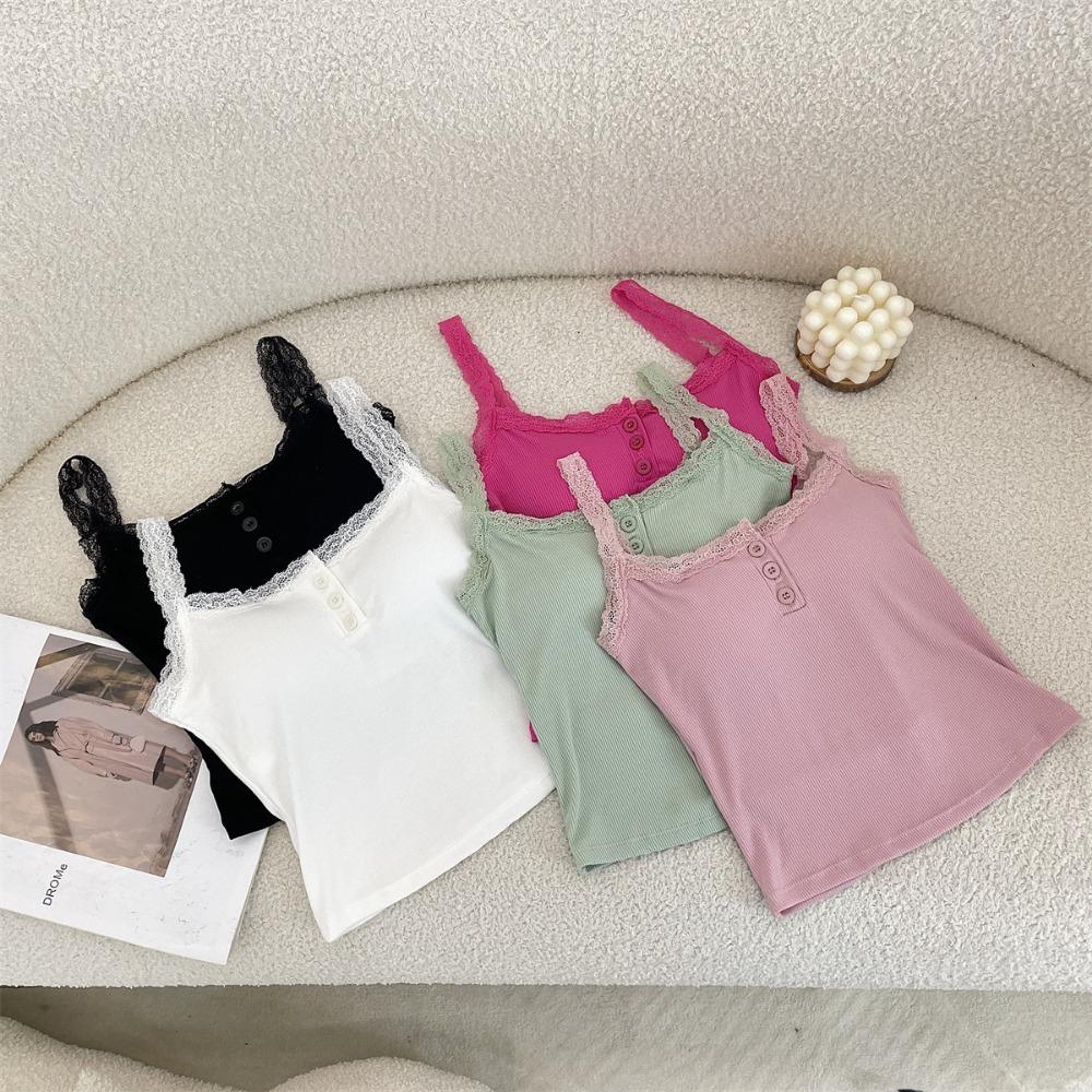 Camiseta sin mangas acanalada de encaje, Tops cortos con cuello Halter para mujer, camisola con botones, camisola con espalda al aire, chaleco recortado sin mangas de tubo de punto a la moda para mujer