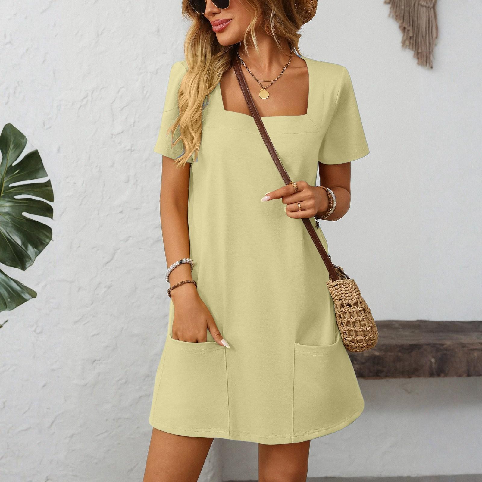 

Women s Square Neck Short Sleeve Fashion Pocket Casual Dress L жовтий