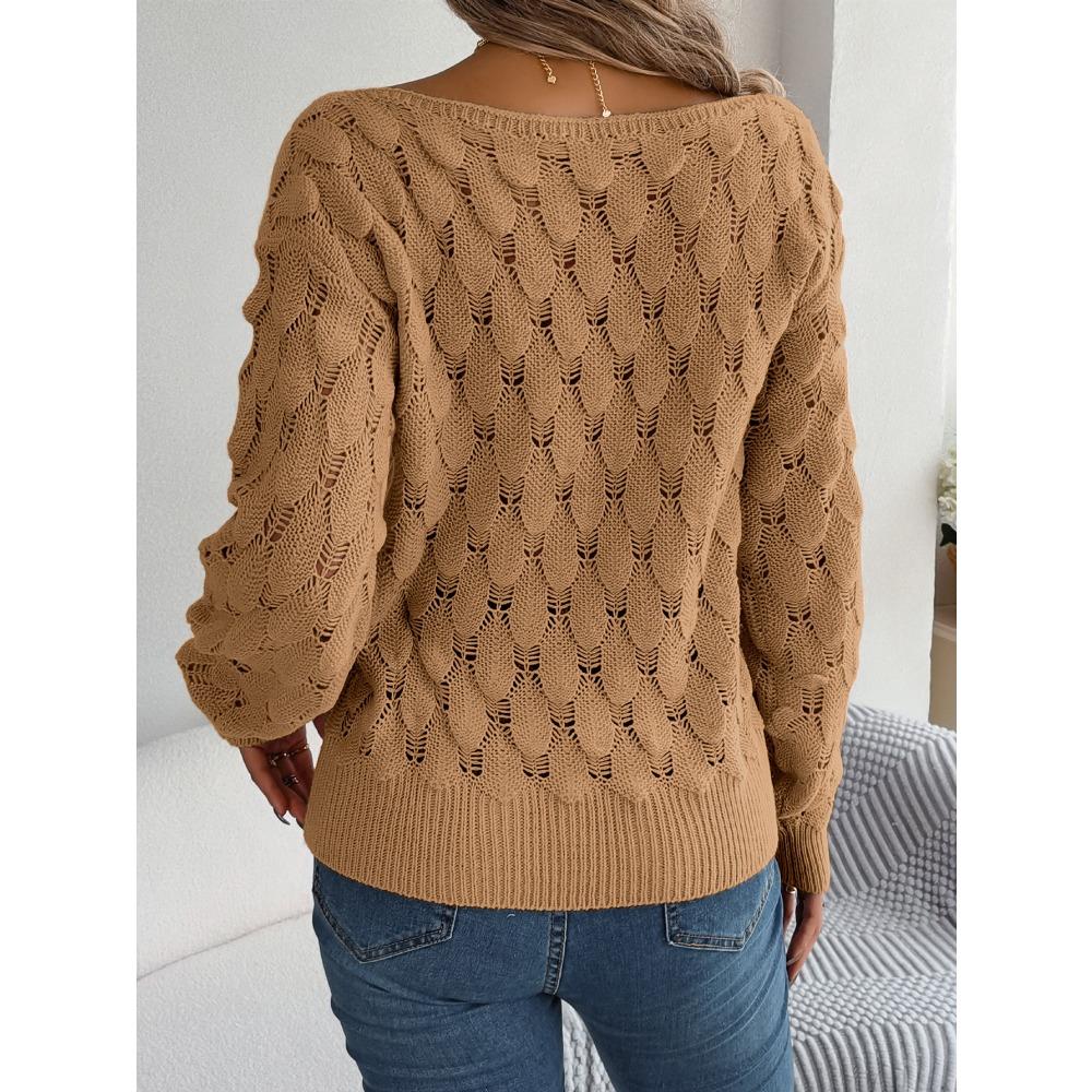 Autumn/Winter Women's Knitted Sweater Casual Feather-Patterned Openwork Off-the-Shoulder Sweater Featuring Bell Sleeves