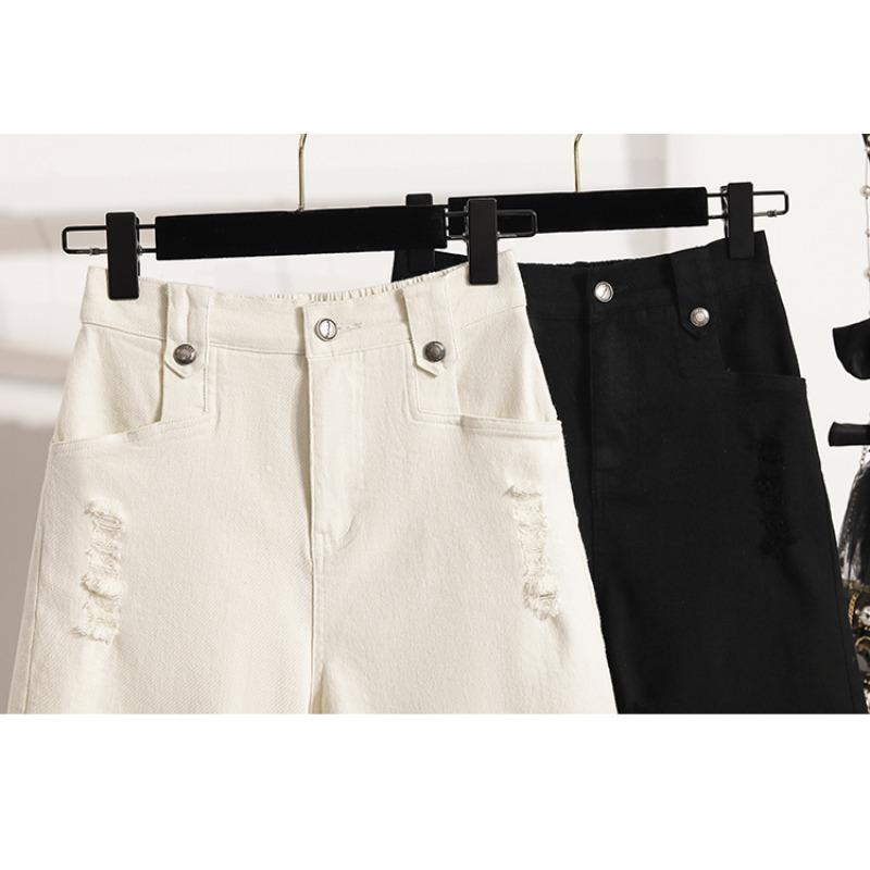 DIMANAF Übergröße Damen Shorts Hosen Sommer Locker Kurze Jeans Basic Hohe Taille Lochhosen Elastischer Bund Maxi